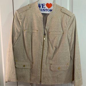 Jones NY Plus Size Blazer w/zip front -Tan/White - Size14W - gold detailing